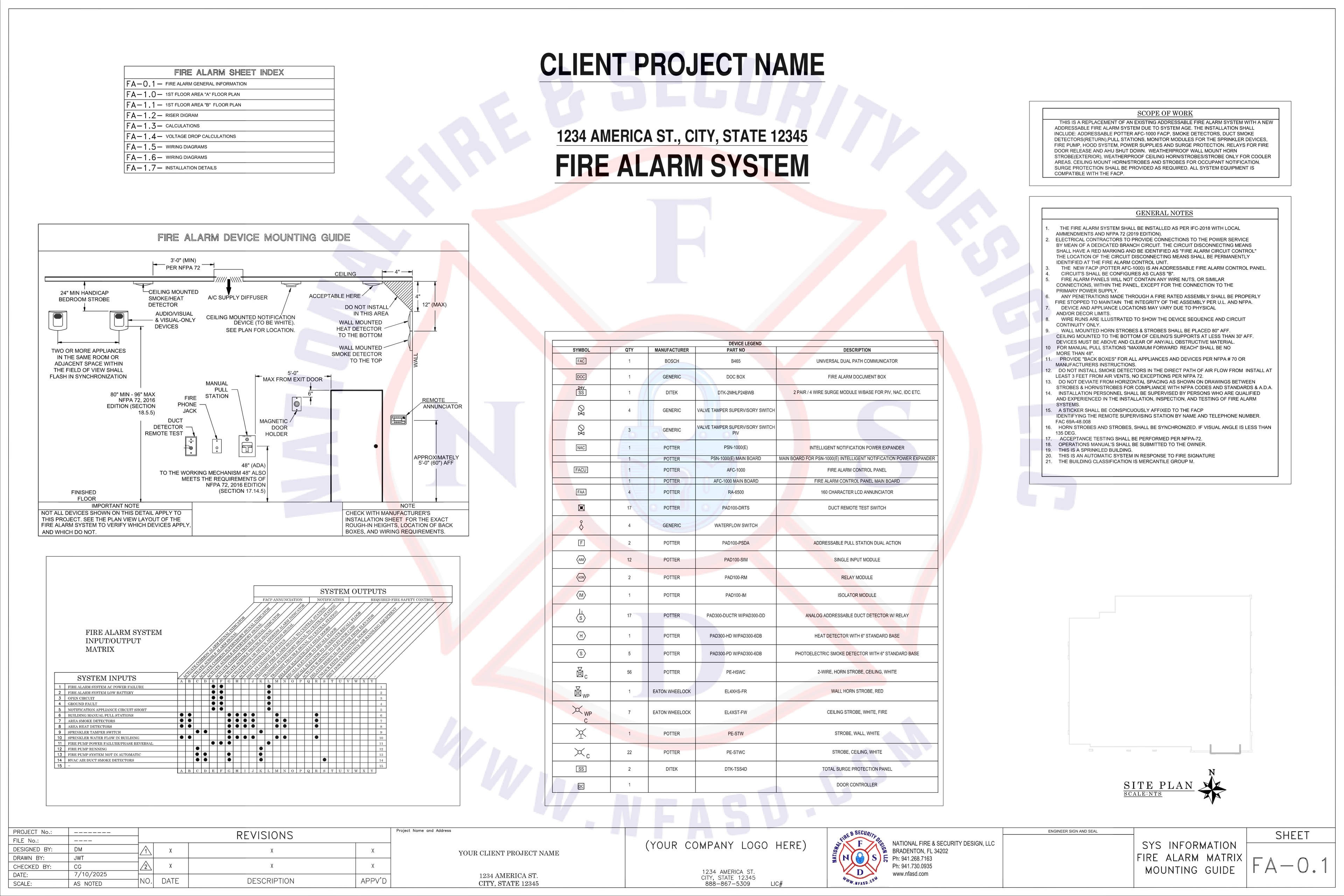FA-0.1 — Sys Info, Fire Alarm Matrix & Mounting Guide